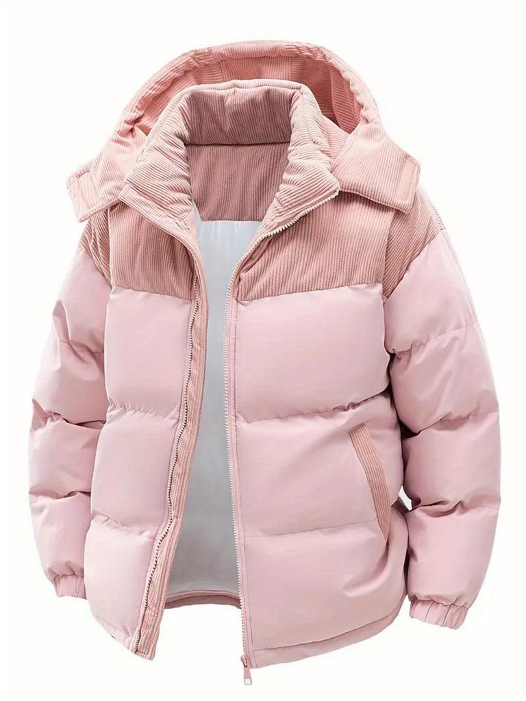 Men'S Winter Hooded Jacket - Detachable Hood, Color Block Design, Warm Fleece-Lined Coat  Casual Style for Cold Weather, Winter Jacket