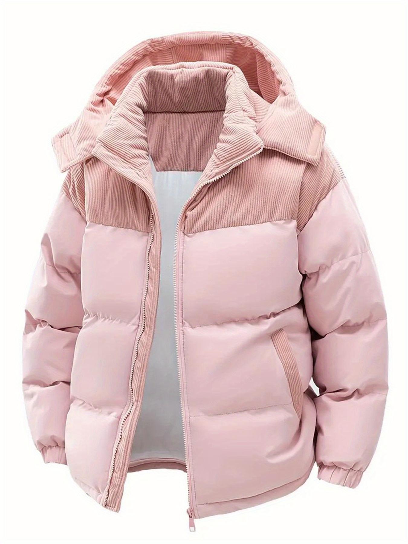 

Мужская зимняя куртка с капюшоном - Съемный капюшон, Дизайн в стиле колор-блок, Теплое пальто на флисовой подкладке Повседневный стиль для холодной погоды, Зимняя куртка 3XL розовый