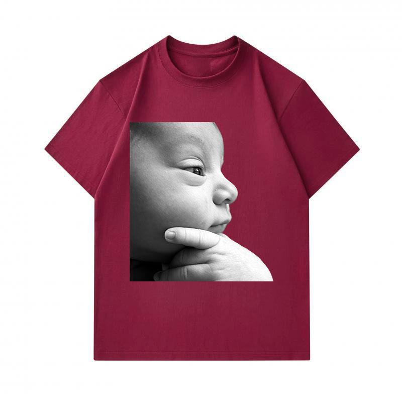 Men's 100% Cotton Crew Neck Short Sleeve T-Shirt, Cute Thoughtful Baby Portrait Print Casual Soft Breathable Tee for Daily Wear