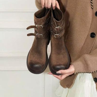 Fashion Retro Belt Buckle Skinny Booties Women's Mid Cylinder Motorcycle Boots