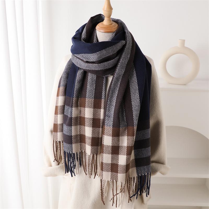 Plaid Color Matching Imitation Cashmere Warm Shawl Scarf Autumn And Winter Fashion High-End Sense Versatile Fringed Scarf