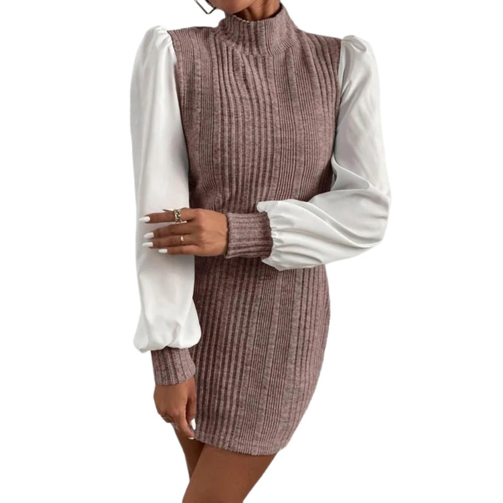 

Женское трикотажное короткое платье в рубчик с длинными рукавами с епископским вырезом и цветными блоками XXL