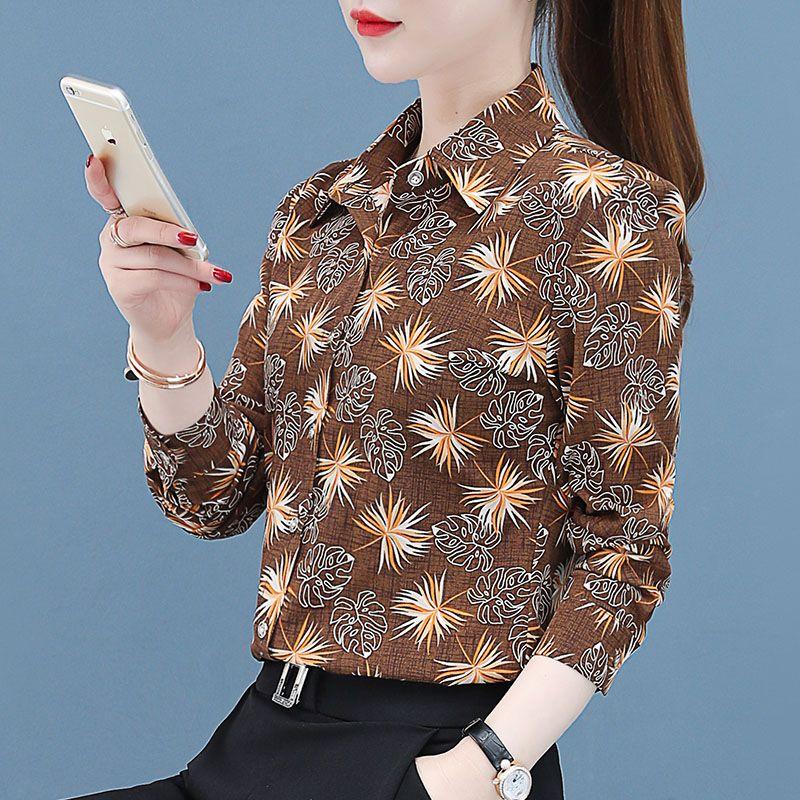 

Women s Vintage Floral Print Shirt Long Sleeve Lapel Casual Blouse Office Work Top S коричневий