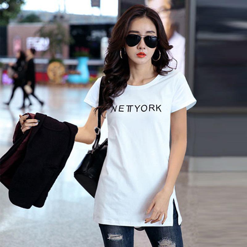 Women's Mid-Length Loose Letter T-Shirt, Korean Style Summer Casual Half-Sleeve White Top