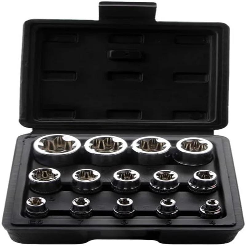 

14Pcs/Set Female E Torx Socket Set with Case, 1/4, 3/8, 1/2 in. Drive E4-E24 External Torque Star Socket Kit чёрный