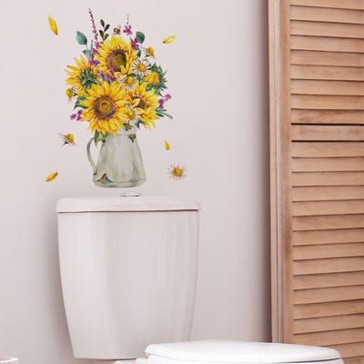 Toilet Bowl Sticker Self-adhesive Removable Non-fading No Residue Decorative Vivid Sunflower Floral Bathroom Wall Sticker Home Supply