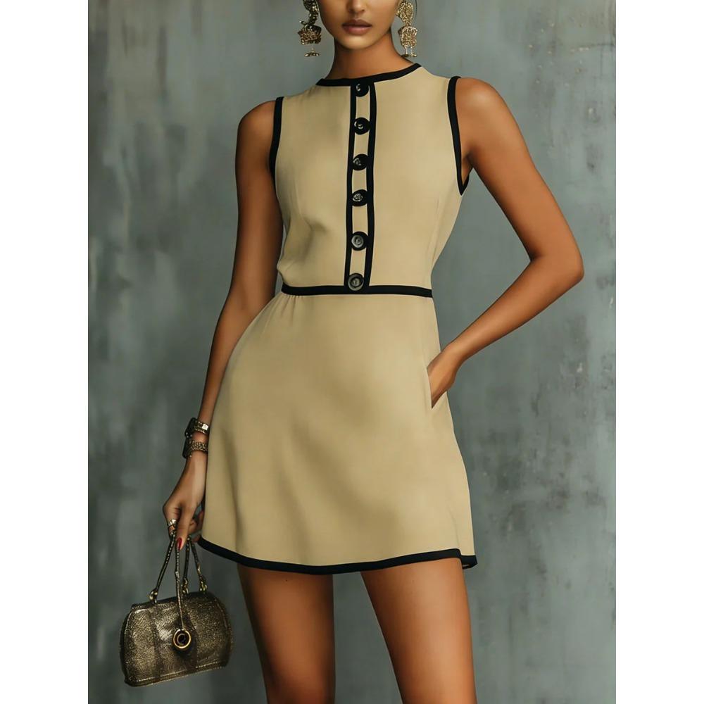 Women's Round Neck Sleeveless A-Line Mini Dress Mid Waist Elegant Casual Short Dress