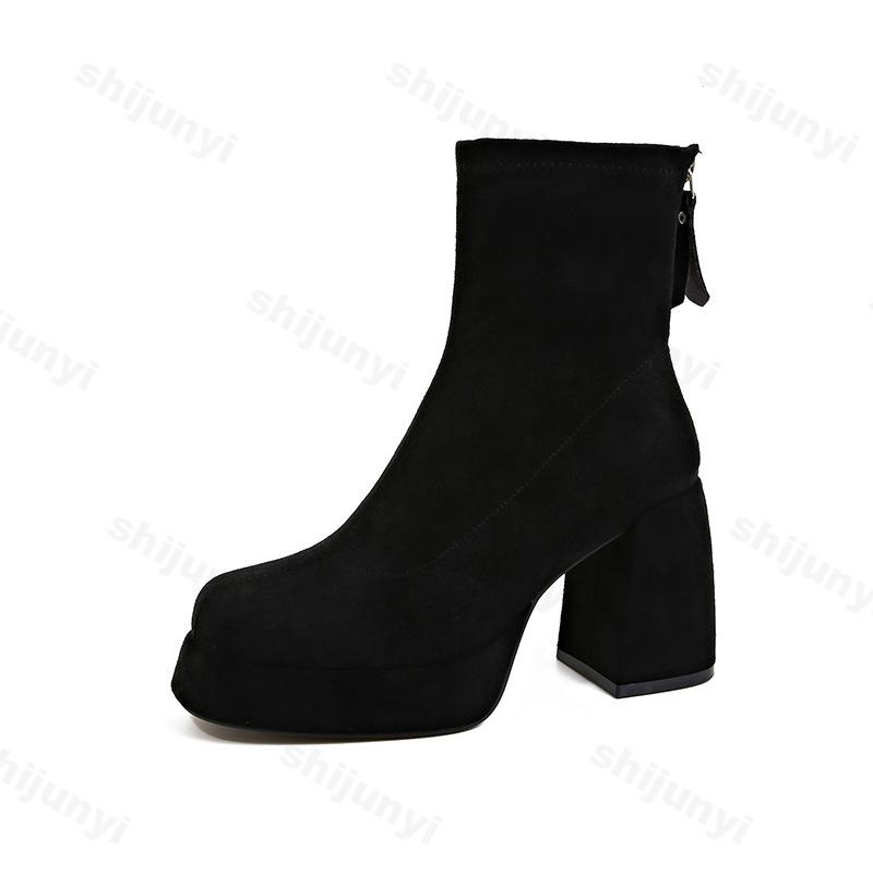 Fashion Women's Fashion Retro Suede Thick Soled High-heeled Boots 2025 Autumn New Back Zipper Design Comfortable Square Head Ankle Boots