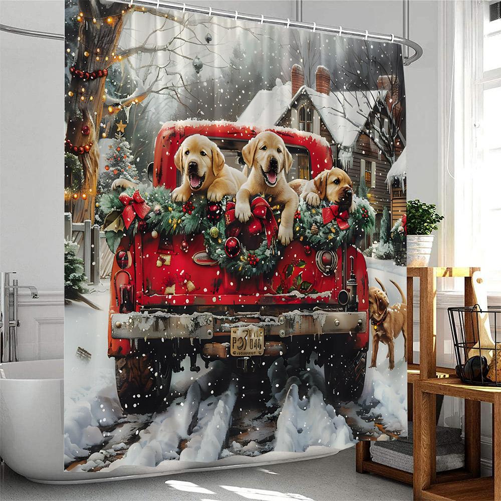 Christmas Shower Curtain Dogs with Xmas Hat Winter Holiday Red Truck Pine Tree Snow Scenery Bathtub Decor Polyester Bath Curtain
