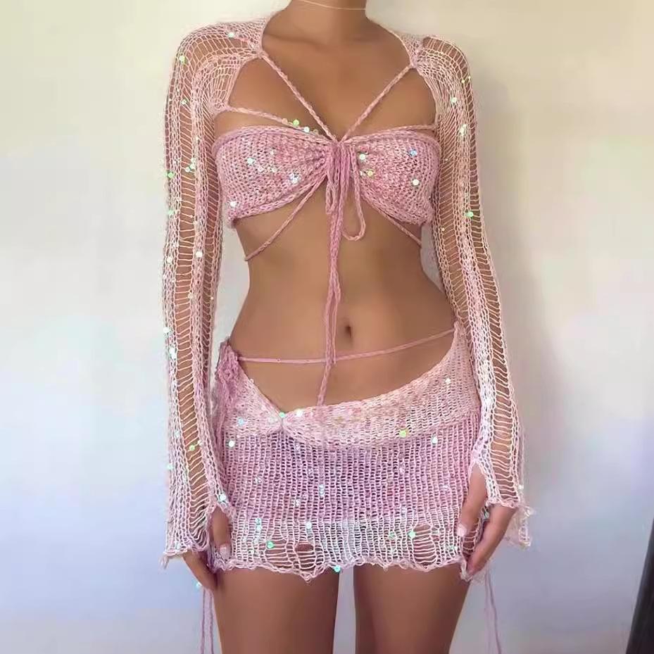 Ensemble Top Tricot à Paillettes Décontracté Mode Transfrontalière & Mini-Jupe Bodycon