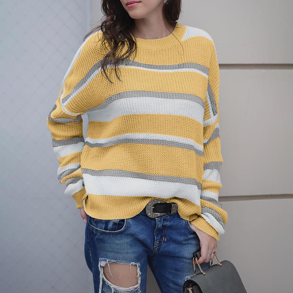 Women's Round Neck Temperament Long Sleeve Color Stripe Loose Sweater