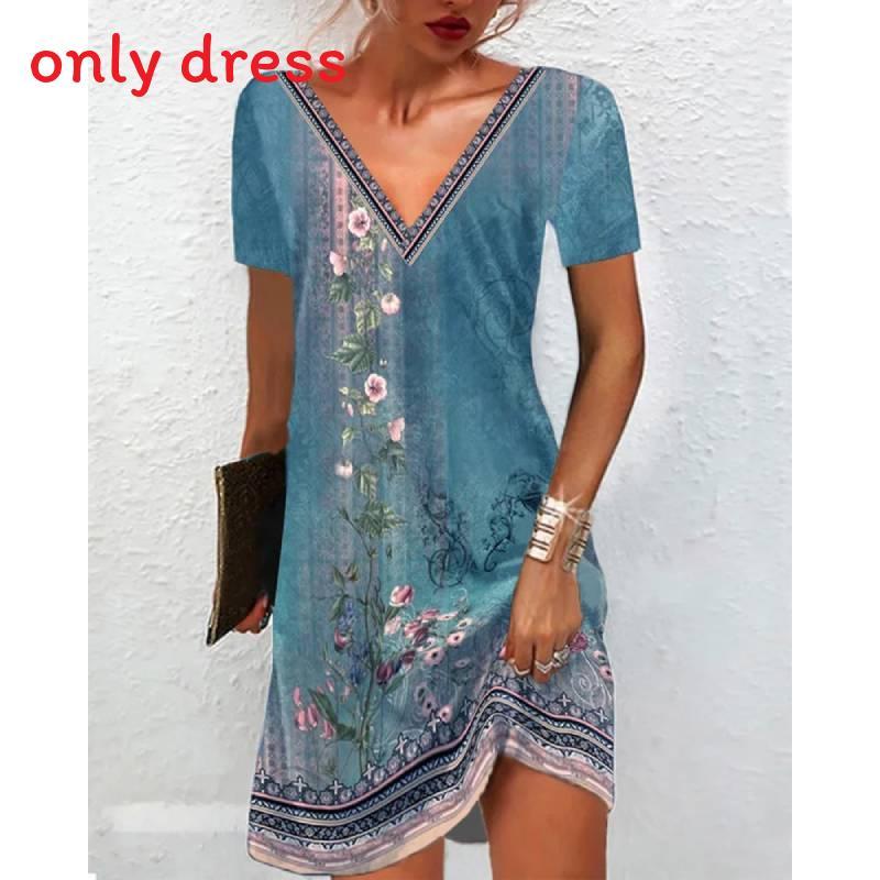 Ethnic Floral Print Lounge Dress With V Neck For Casual Summer Wear