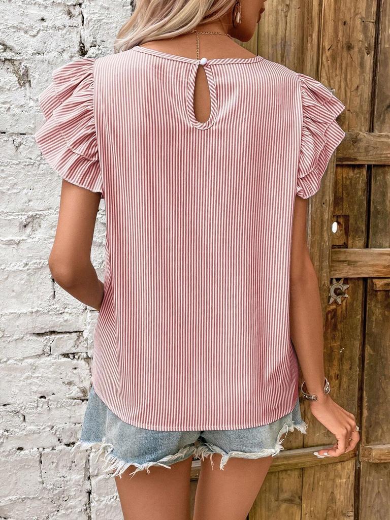 Women's Summer New Style Round Neck Striped Ruffles Sleeve Shirt Top