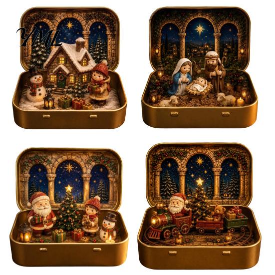 Scatola Espositiva Storia di Natale Mini Set in Latta, Dimensioni Tascabili Scena Festiva Ornamento Religioso con Figure in Miniatura, Decorazione da Collezione