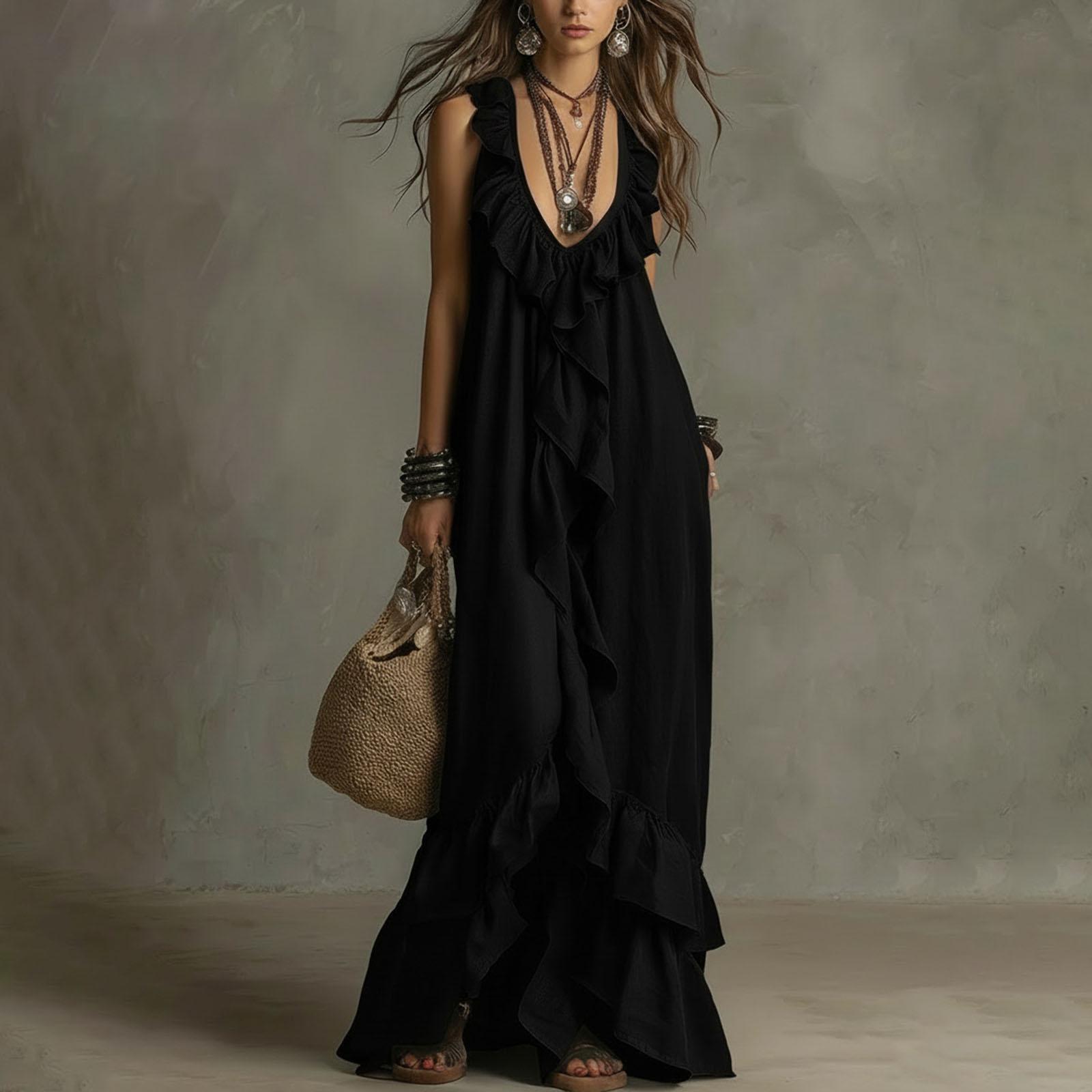 

Women s New Summer Casual Boho Vintage Dress, V-Neck Short Sleeve With Ruffle Hem S