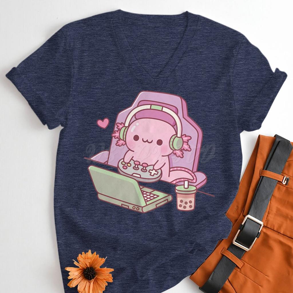 Moterų marškinėliai Mielas axolotlis žaidžiantis žaidimus Spausdinimas Madingi vasariniai viršutiniai drabužiai Bobos arbatos mėgėjas Kawaii marškinėliai Žaidėjas V formos iškirptė Juokingas marškinėlis