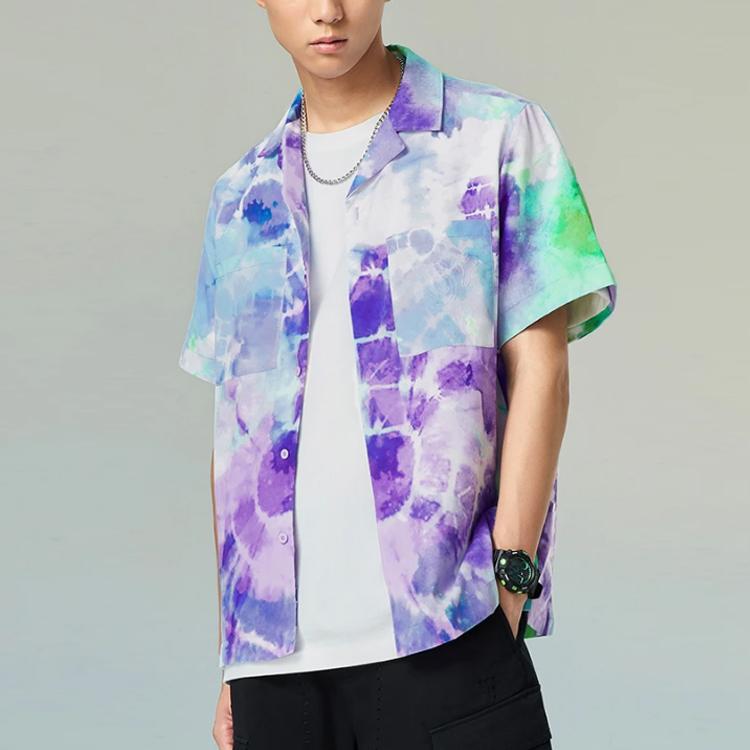 Li-Ning Summer Party Tie-Dye Logo Print Button-Down Collar Short Sleeve Shirt Men Tops Rhodamine-Purple ASHS889-1