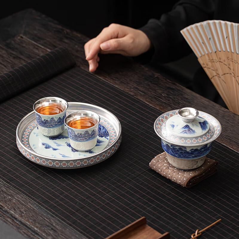Master Zheng Wenqiang Gilded Silver Ceramic Gaiwan Tea Set