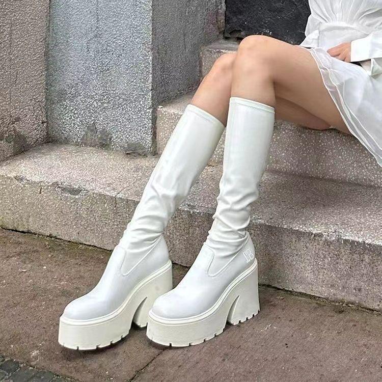 

2025 Черные ботфорты на высоком каблуке | 8 см платформа | Европейский и американский стиль | Эластичное голенище облегающего кроя Size 39