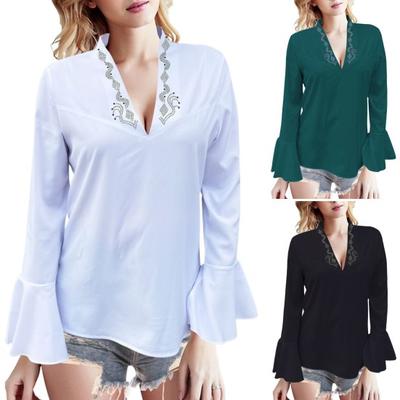 Women Tops V-Neck Long Sleeve Ruffle Cuffs Casual Shirt Solid Color Loose Fit