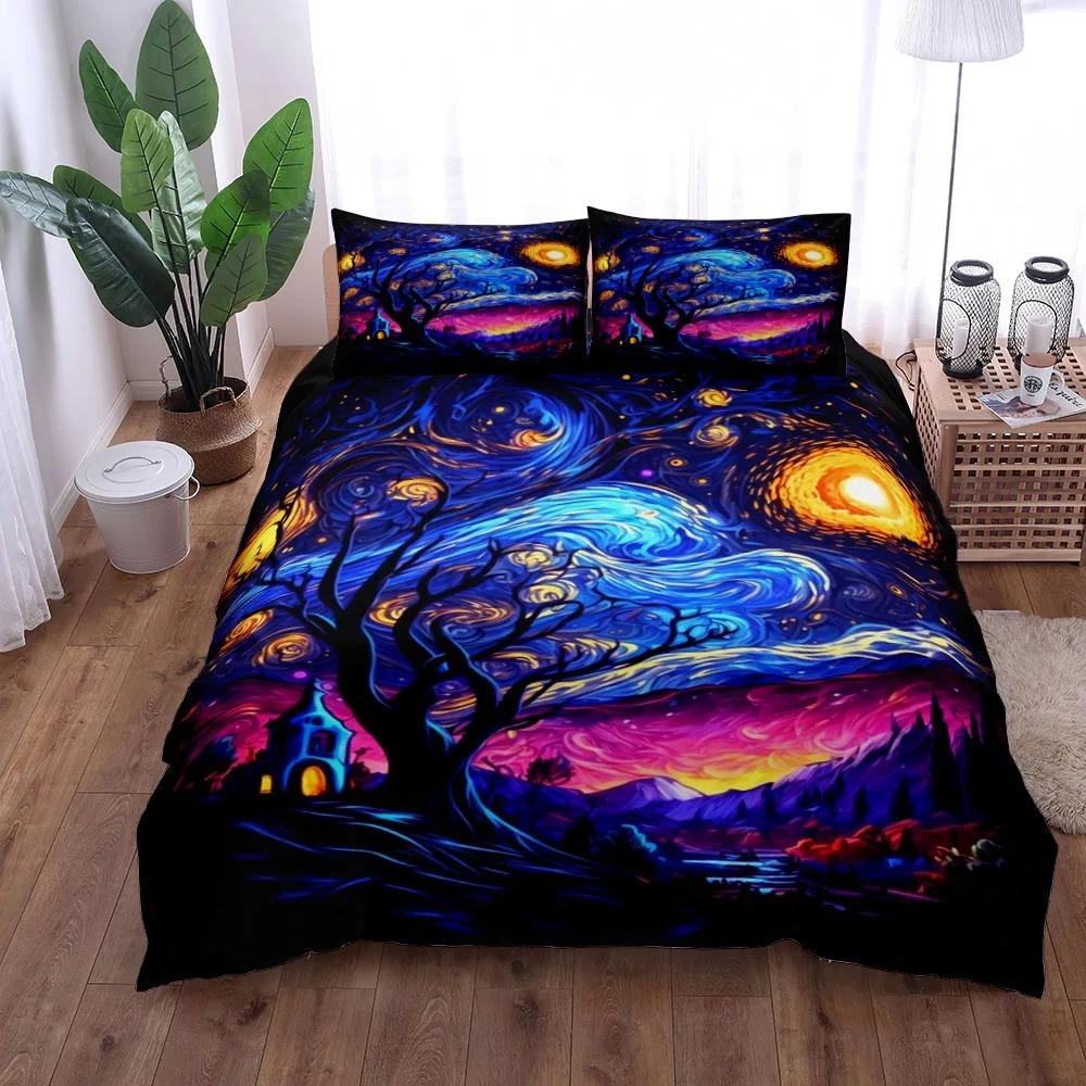 Van Gogh Mountain Village Oil Painting Duvet Cover Set King Queen Double Full Twin Single Size Bed Linen Set