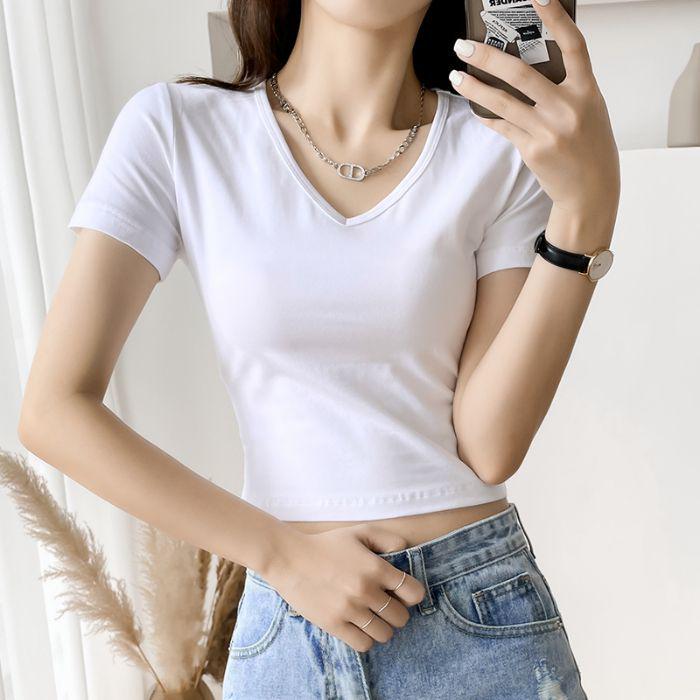 2026 New Style V-Neck White Cotton Women's Cropped Short-Sleeve Top