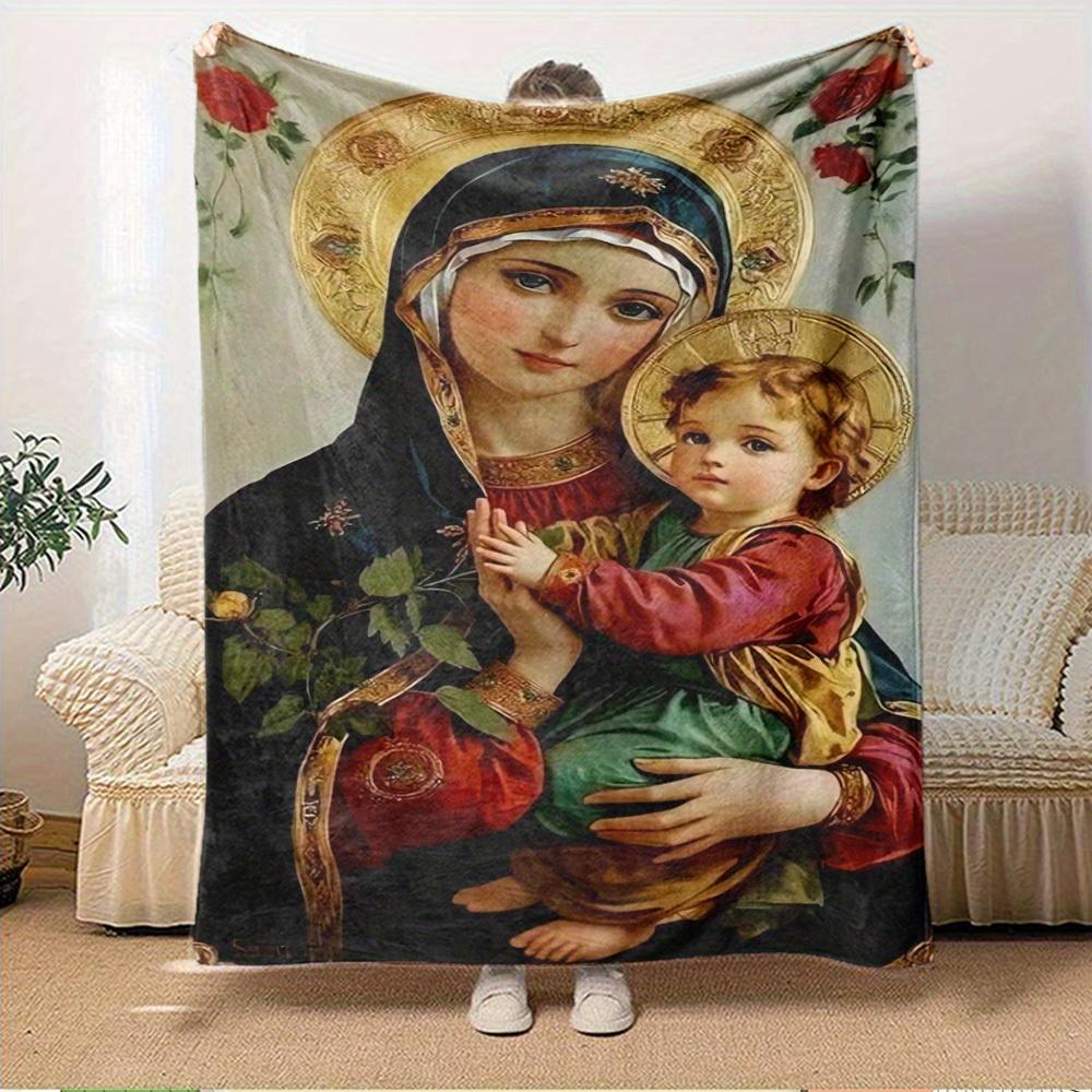 1pc Virgin Mary,Child Jesus,Religious Iconography Flannel Blanket - Lightweight Soft for All Seasons, Ideal for Couch, Office, Bed, Travel,