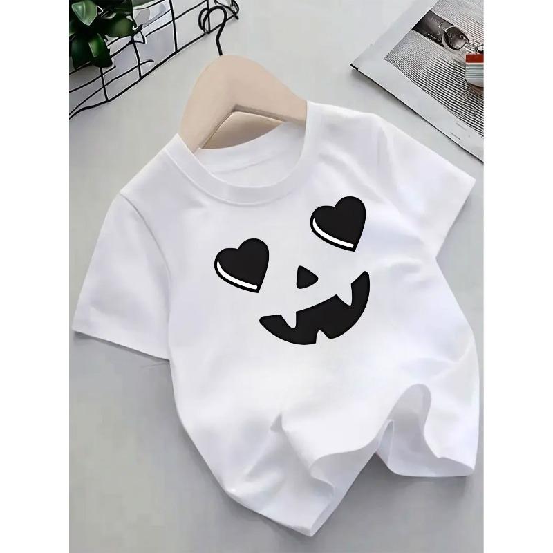 European sizes Girls Cute Pumpkin Print Short Sleeve T-Shirt - with Heart & Pumpkin Design, Round Neck Casual Summer Top, Soft Knit Fabric, 98cm