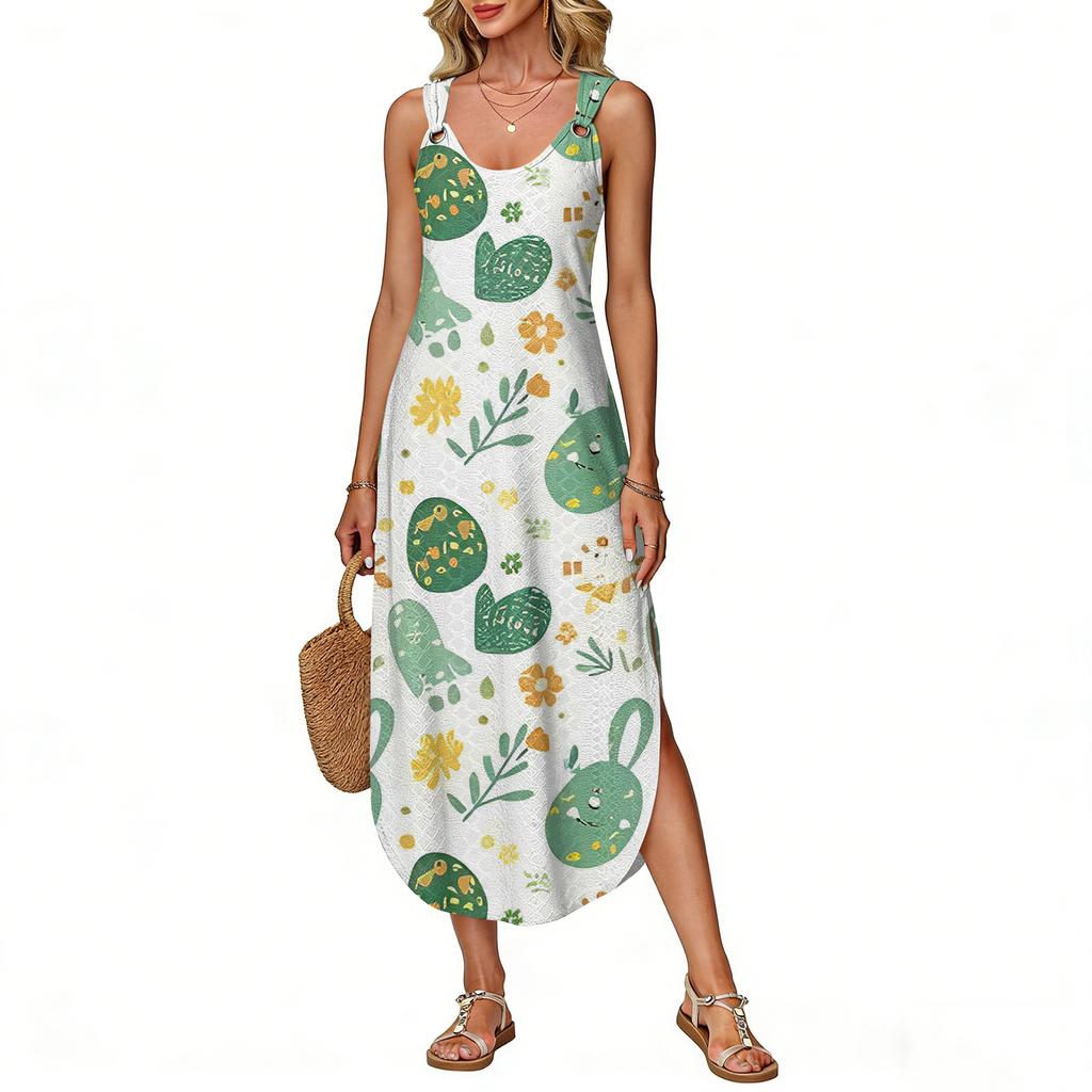 Women's Summer Long Dress, Sleeveless With Side Slit, Long Easter Printed Vest Dress