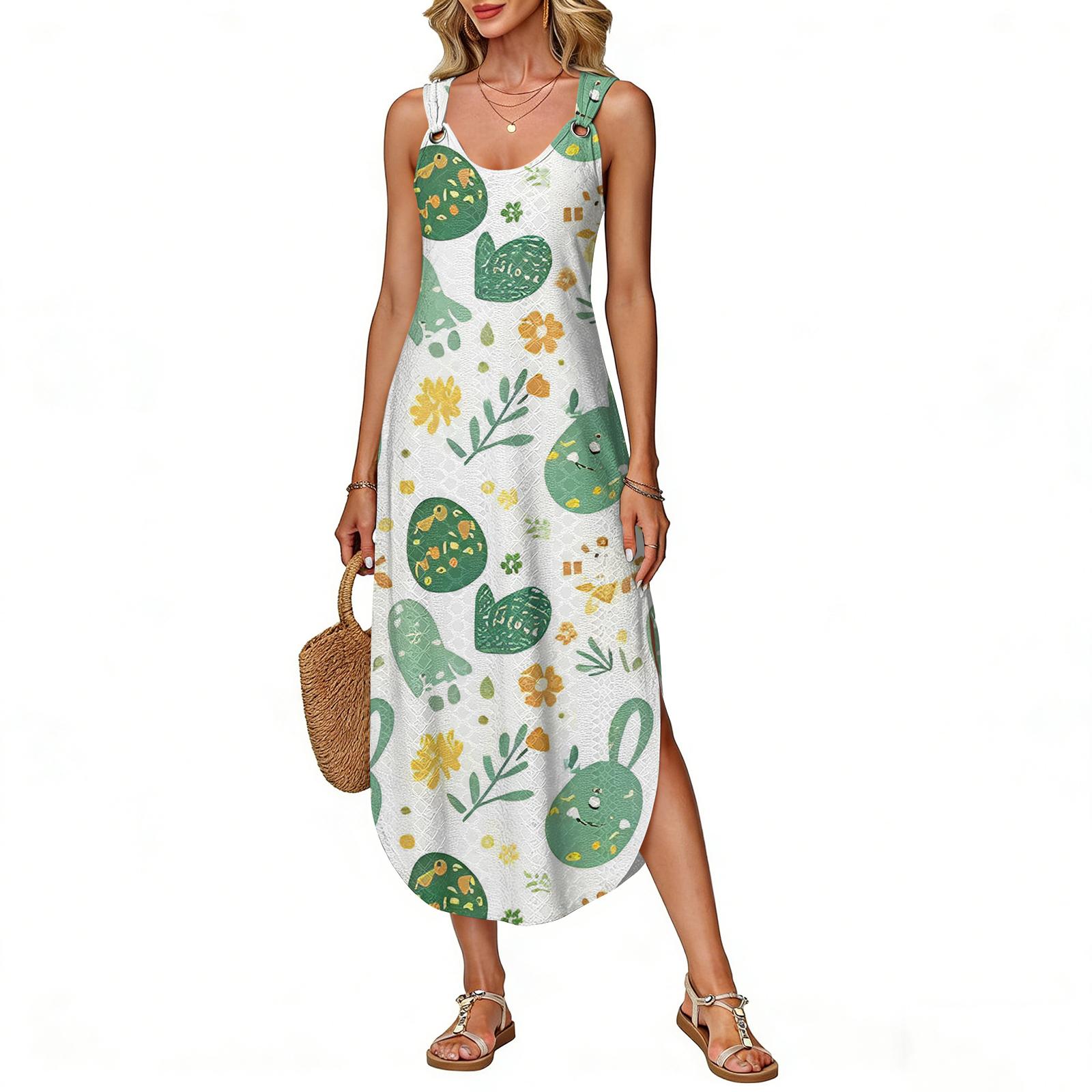 Women s Summer Long Dress, Sleeveless With Side Slit, Long Easter Printed Vest Dress L