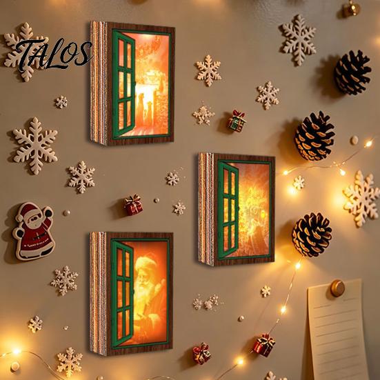 Metal Surface Decoration 3Pcs Christmas Light-up Window Fridge Magnet, Wooden Fake Refrigerator Magnet with LED Light Light, Magnetic for Holiday