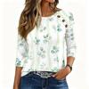 Women 3/4 Sleeve Crew Neck Button Decor Top Floral Pattern Casual Loose Fit Soft Fabric Pullover Shirt for Daily Wear