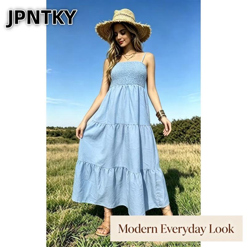 JPNTKY Women's Fashion Summer Spring Solid Color Print Sleeveless Casual Dresses