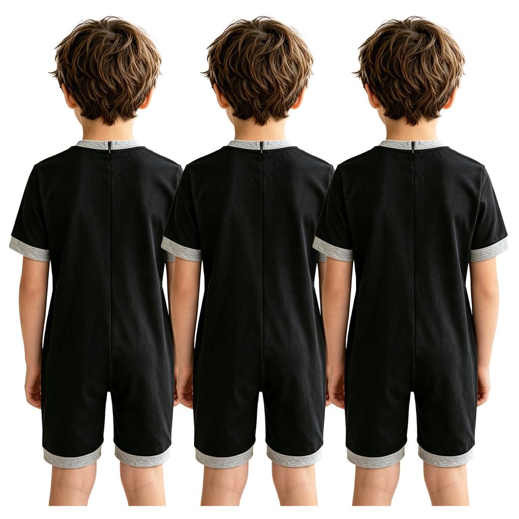 3Pcs Adaptive Anti-Strip Jumpsuit for Kids Back Invisible Zipper Round Neck Short Sleeve Contrast Color Thigh Length with Pocket