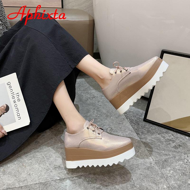 Aphixta Flat Platform Shoes Woman Lace-up 7cm Shoes Gingham Height Increaming Women's Shoes Ladies Plus Big Size 42