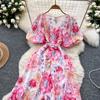 Summer Women V-neck Half Sleeve Print Long Maxi Holiday Beach Dresses with Belt