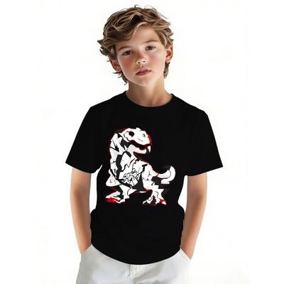 European Sizes Dinosaur Pattern Boys' T-Shirt, Casual Short-Sleeve, Comfortable Summer Outdoor Top, Fun Design, Casual Wear