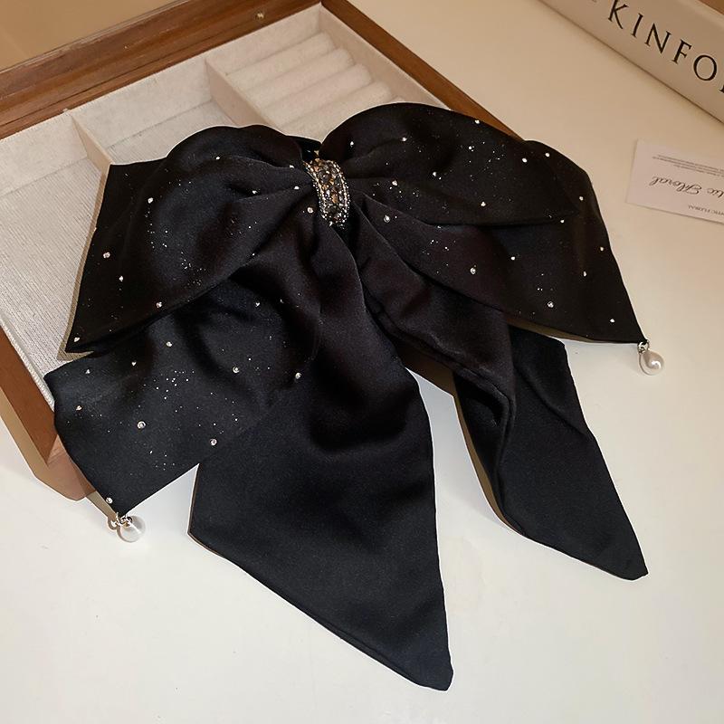 Bridal oversized bow pearl tassel hairpin retro elegant temperament spring clip high sense fashion grab clip female