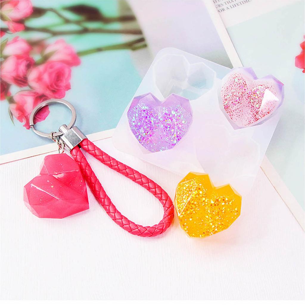 DIY Crystal Keychain Silicone Mold with Hole Jewelry Heart Epoxy Resin Crafting Molds for Valentines Holiday Festival