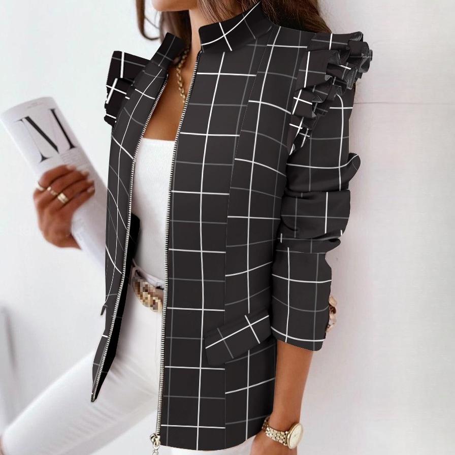 BITCED Chaqueta pequeña con estampado de cremallera y manga larga con volantes para mujer de otoño e invierno