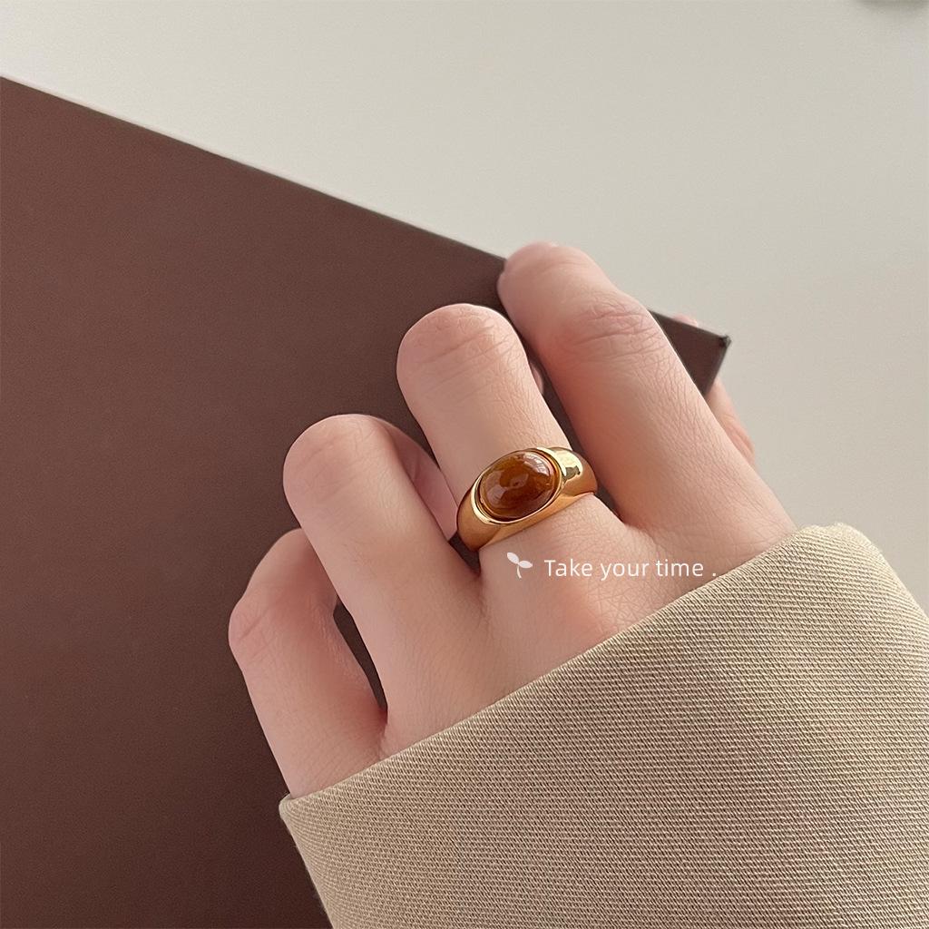 Enamel Dripping Oil Literary and Retro Zircon Ring Collection Tiger s Eye Stone Index Finger Ring Adjustable