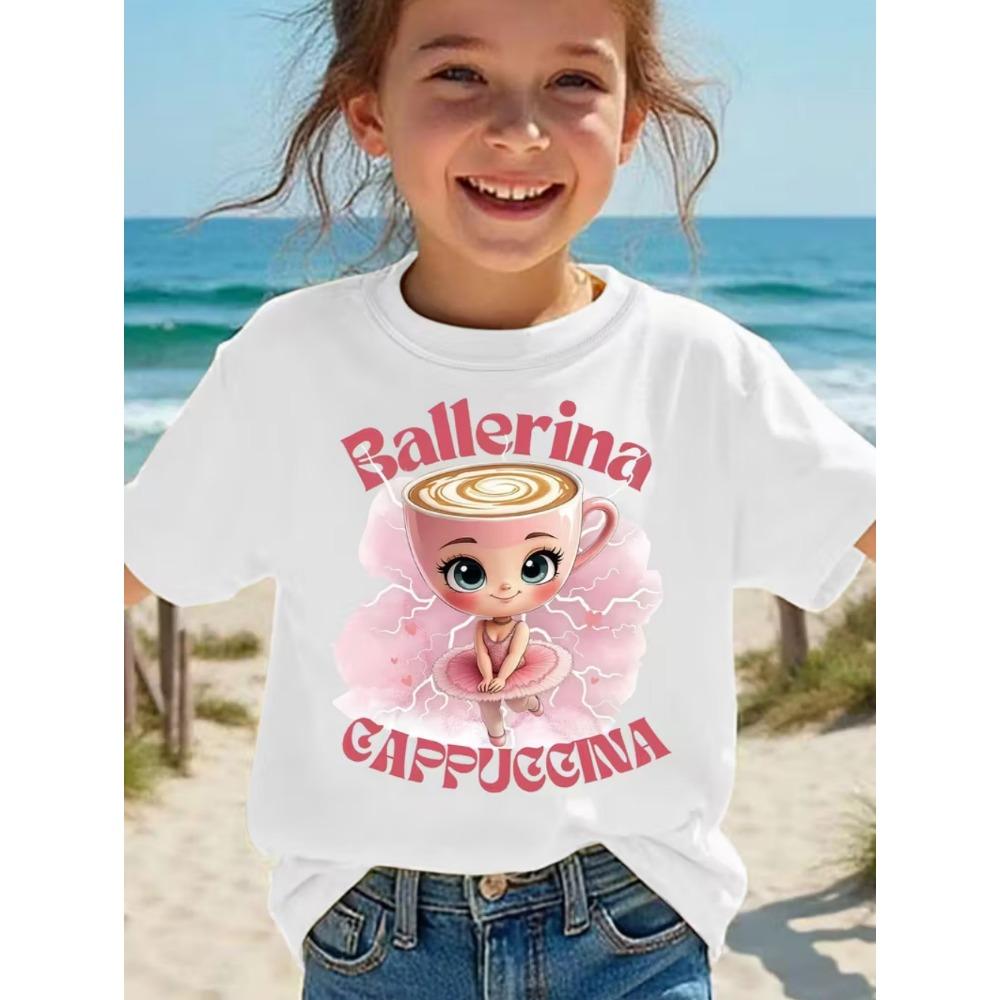 T-shirt Bambini Animali Brainrot Italiani Ballerina Cappuccino Manica Corta per Bambini Divertente Meme Carino Maglietta Estate