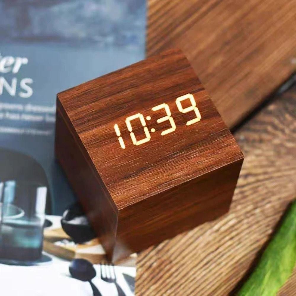 Square Digital LED Alarm Clock Wood Desk Clock Art Ornaments Glow Clock Bedside