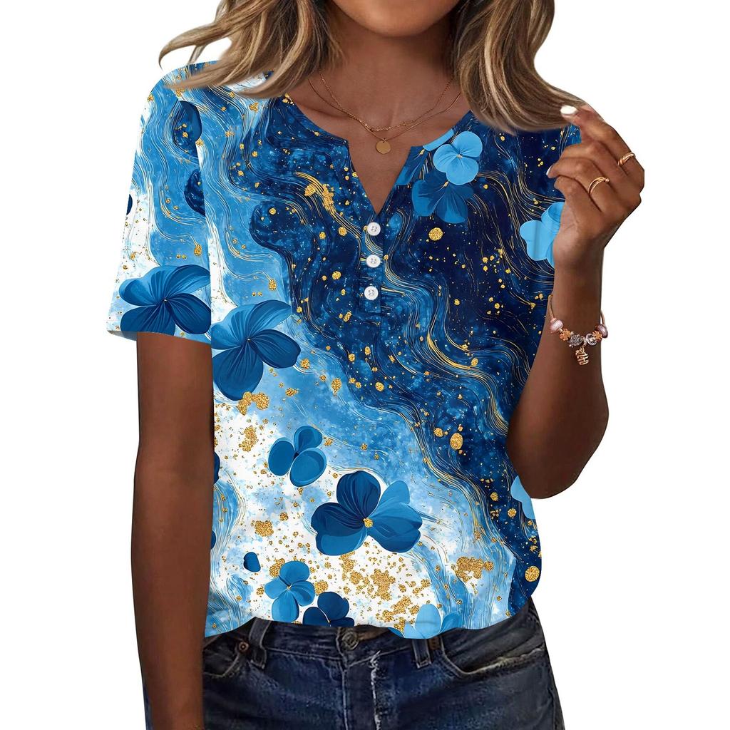 Damen T-Shirt mit Aufdruck und Knopfleiste, kurzärmelig, für den Alltag, Wochenendmode, Basic, V-Ausschnitt, normales Oberteil