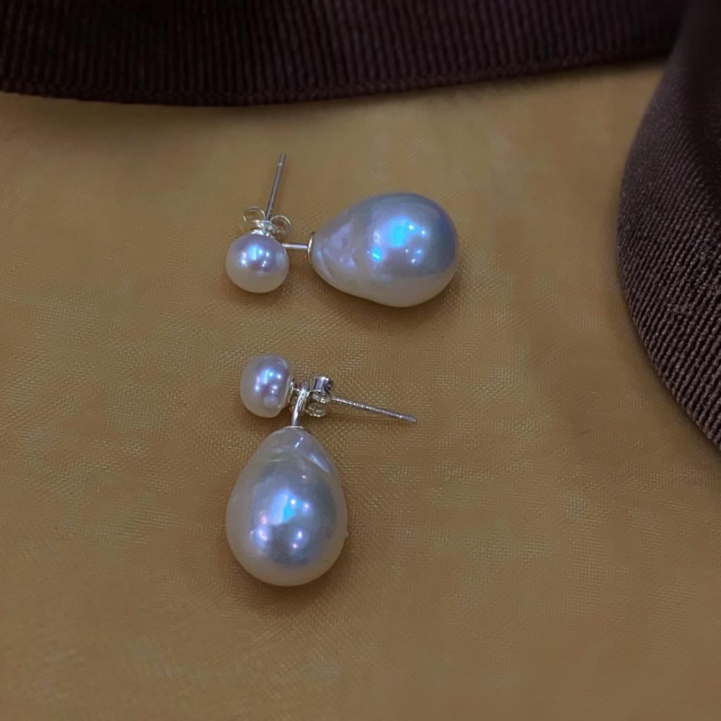 Französisches Design zwei tragen Retro Hepburn natürliche Süßwasserperle Ganzkörper 925 schlichtes Silber Silbernadel Ohrstecker Damen Ohrstecker