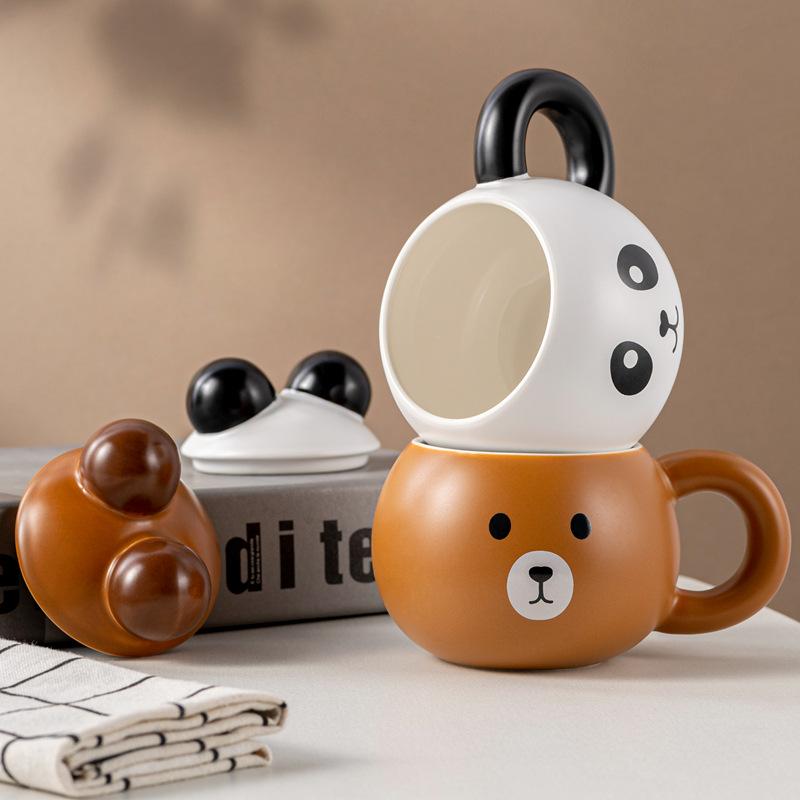 Nový kreslený hrnek s medvídkem s víčkem Kancelářský keramický hrnek vysoké hodnoty Hrnek na kávu Domácí pro pár