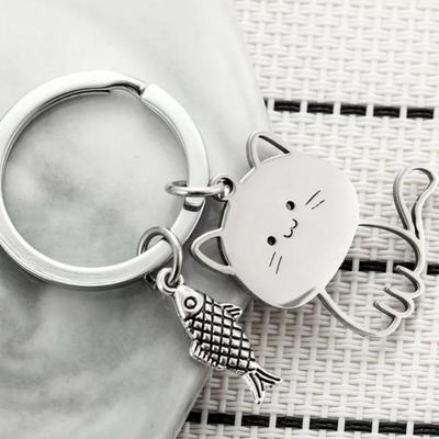 Cat Eating Fish Stainless Steel Pendant Keychain Cute Cartoon Cat Pendant Couple Keychain