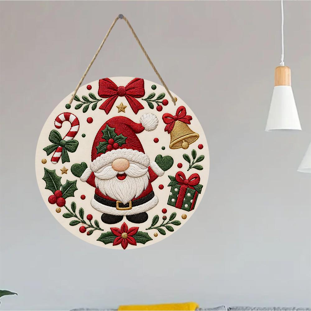 Festive Christmas gnome pattern Round Wooden Hanging Plaque seasonal wall art decor rustic holiday door sign home indoor xmas ornament