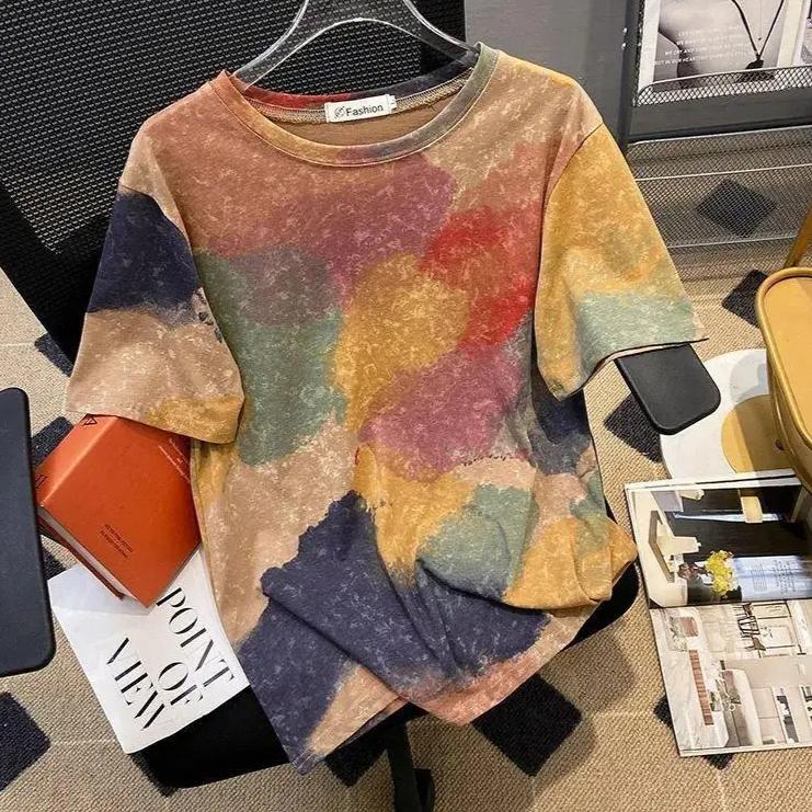 

Летний топ с круглым вырезом и 3D принтом тай-дай, модная повседневная футболка с коротким рукавом для женщин больших размеров XL кофейный