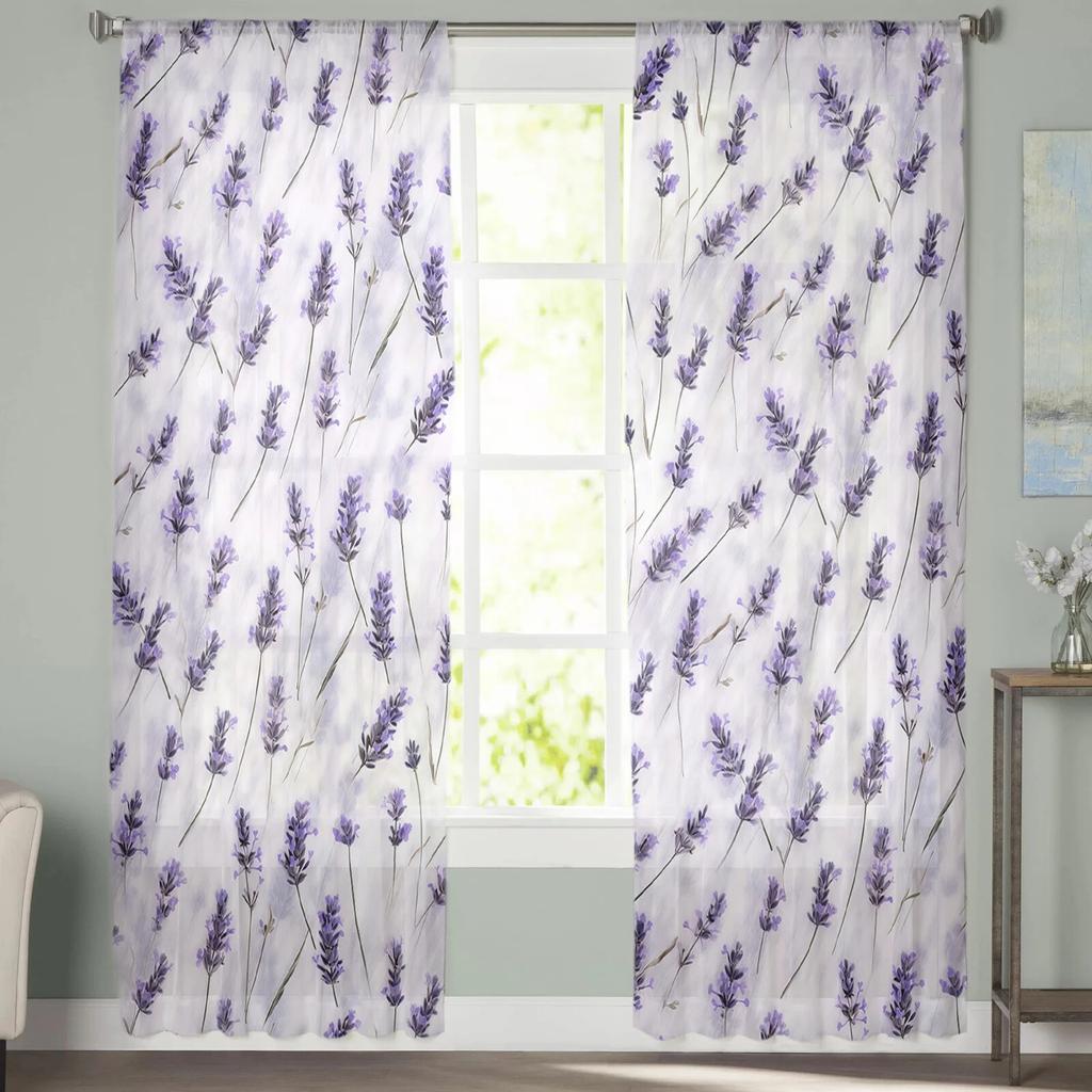 Rideaux en Tulle Aquarelle Fleurs de Lavande Pour Salon Rideau Transparent Pour Chambre Stores de Fenêtre Rideaux en Voile